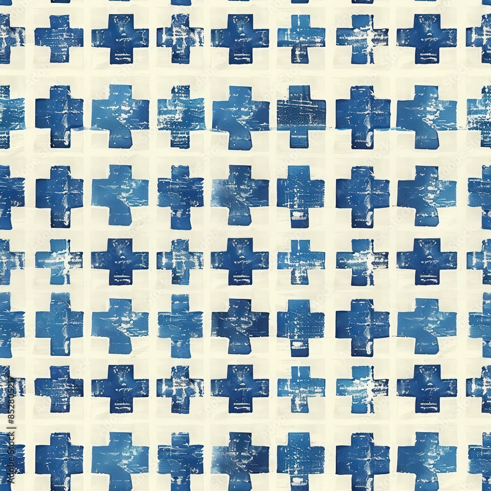 A seamless pattern of blue crosses on a white background. The crosses are stylized and have a distressed, hand-painted look. This pattern would be perfect for a variety of applications, such as fabric A seamless pattern of blue crosses on a white background. The crosses are stylized and have a distressed, hand-painted look. This pattern would be perfect for a variety of applications, such as fabric