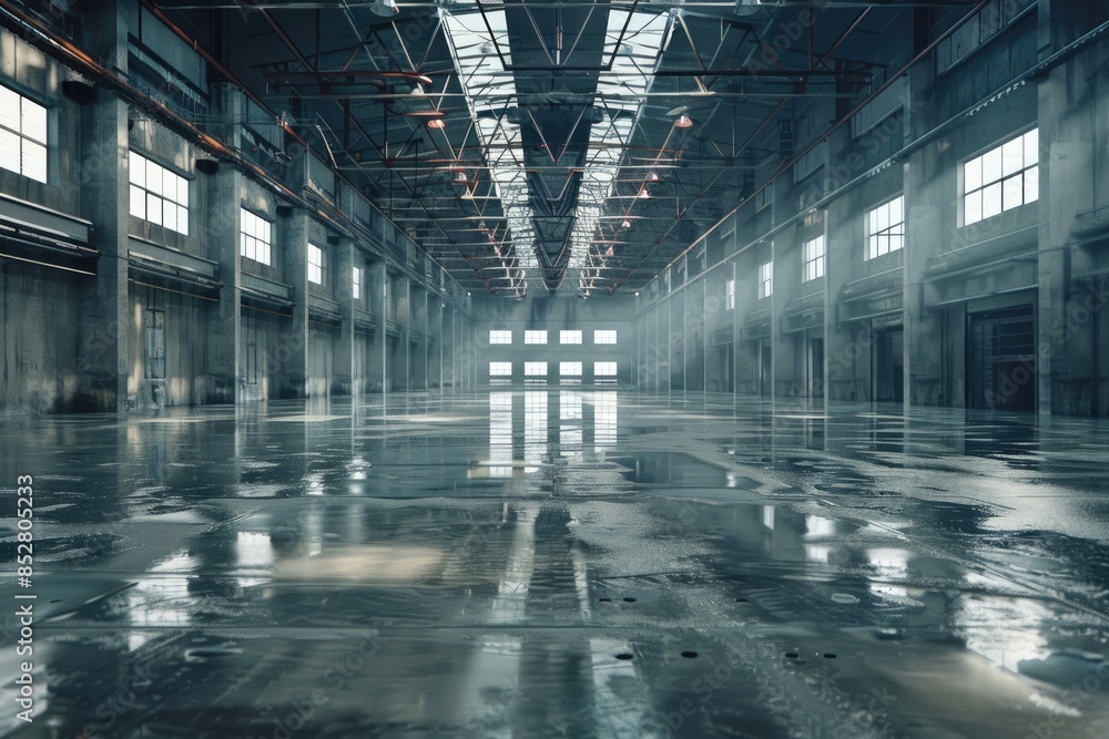 Large warehouse or factory with polished concrete floor. Large warehouse or factory with polished concrete floor.