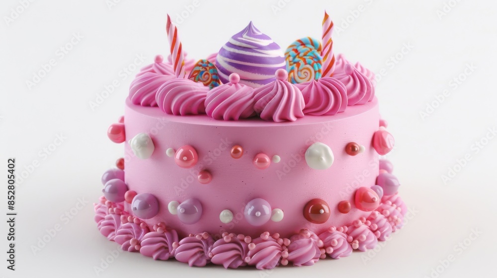 A pink birthday cake with colorful candy and whipped cream frosting. The cake is decorated with pink, purple, white, and red candy and sprinkles. The background is a white surface. A pink birthday cake with colorful candy and whipped cream frosting. The cake is decorated with pink, purple, white, and red candy and sprinkles. The background is a white surface.
