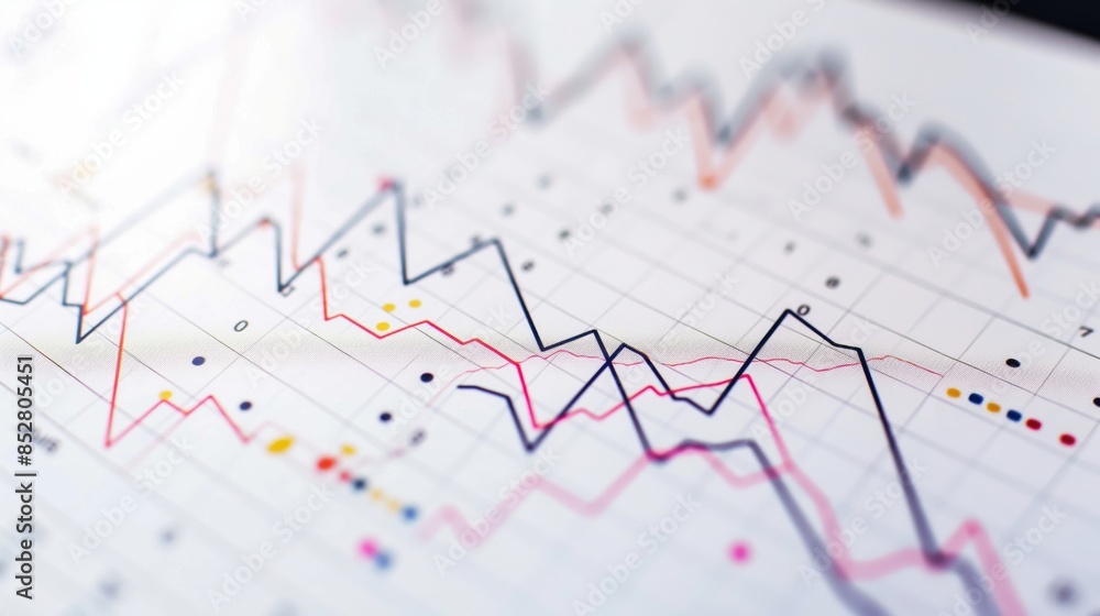 Close-up of various colorful line graphs on a white paper background showing statistical data analysis and trends. Close-up of various colorful line graphs on a white paper background showing statistical data analysis and trends.