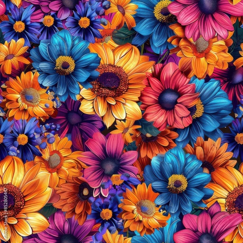 Wallpaper Mural A close-up view of a summer floral bouquet featuring a vibrant array of blue, orange, and pink flowers. The bouquet is arranged in a random pattern, creating a visually appealing and colorful image. T Torontodigital.ca