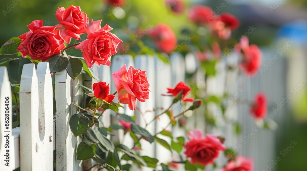 Fototapeta premium On a sunny summer day a cluster of vibrant red roses bloom gracefully along a pristine white picket fence