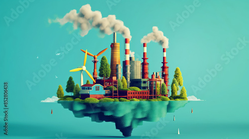A floating island features industrial buildings with smokestacks emitting smoke, wind turbines, and greenery, representing a blend of industry and renewable energy. photo