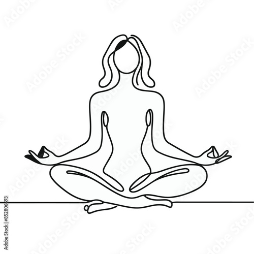women performing yoga line art, Continuous line drawing of meditating girl, One line woman sitting in lotus pose yoga