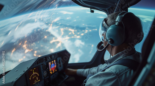 A flight simulator in VR training pilots with realistic cockpit controls and lifelike flight scenarios photo