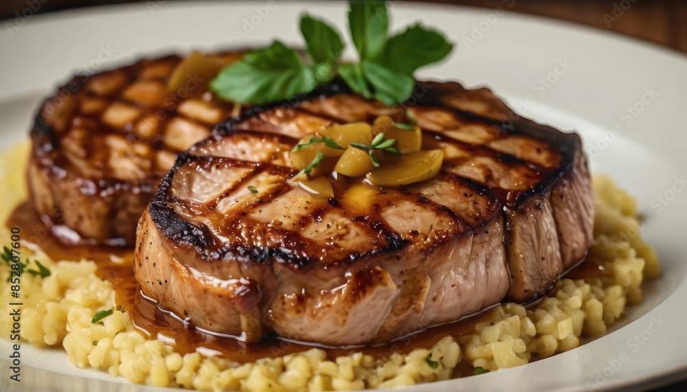 Tender pork chop with grill marks, served with flavorful gravy, creamy mashed potatoes, and roasted apples, finished with a mint garnish Tender pork chop with grill marks, served with flavorful gravy, creamy mashed potatoes, and roasted apples, finished with a mint garnish