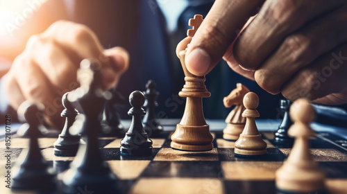 Close-up of a person moving a chess piece during a game in a bright room, illustrating strategic thinking and decision-making.