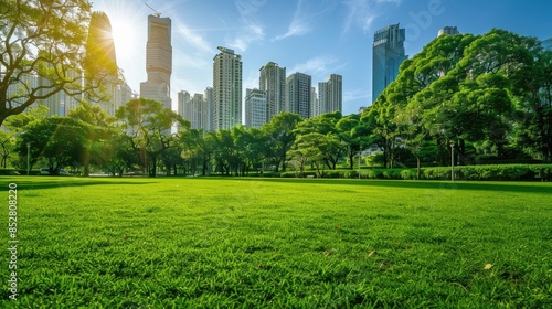 Green lawn with city skyline. Green Space, park in city center