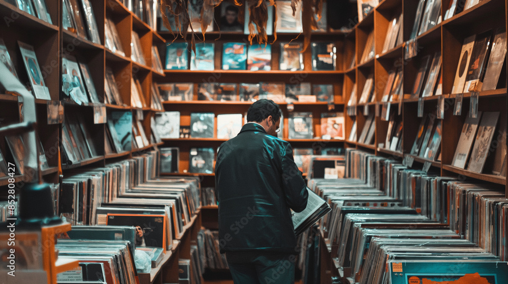 Obraz premium An eclectic music store with rows of vinyl records, a customer flipping through the collection with a look of excitement