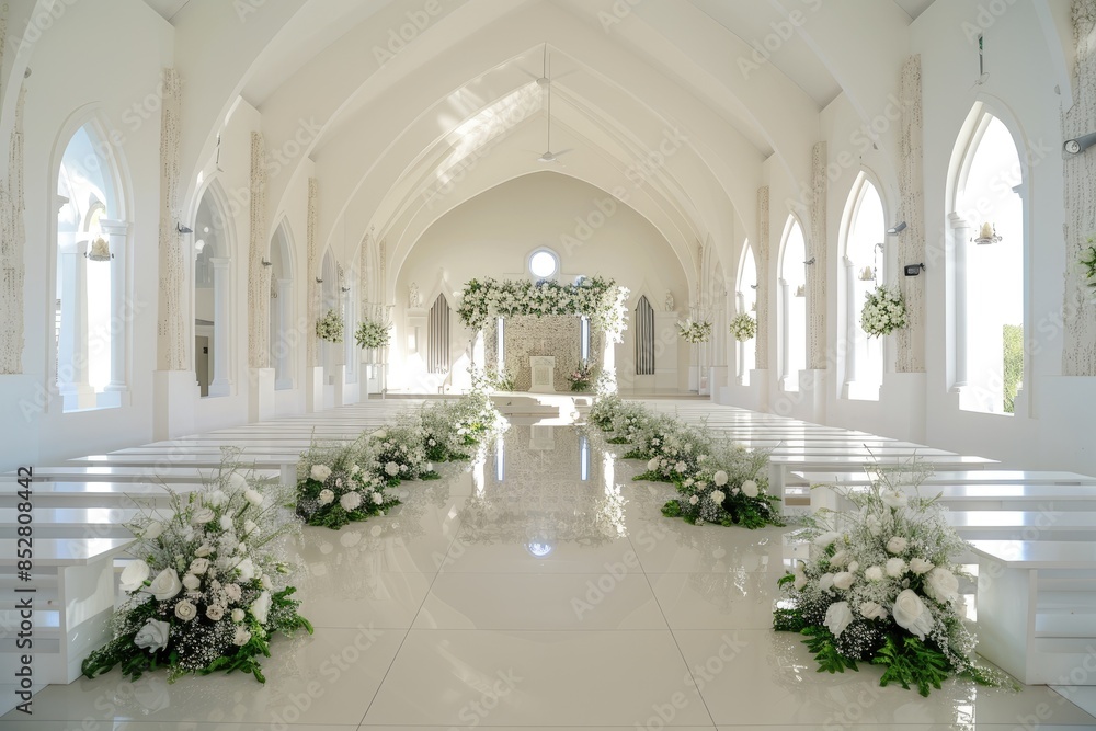 An empty white chapel with arches, flowers decorations and rows of benches ready for wedding ceremony. An empty white chapel with arches, flowers decorations and rows of benches ready for wedding ceremony.