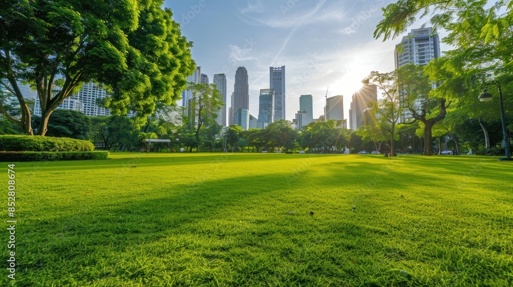 Green lawn with city skyline. Green Space, park in city center Green lawn with city skyline. Green Space, park in city center