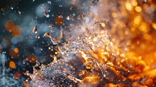 A close-up view of water dousing a fire, with the spray breaking into droplets as it hits the flames. The interaction between water and fire creates steam and helps to extinguish the blaze.