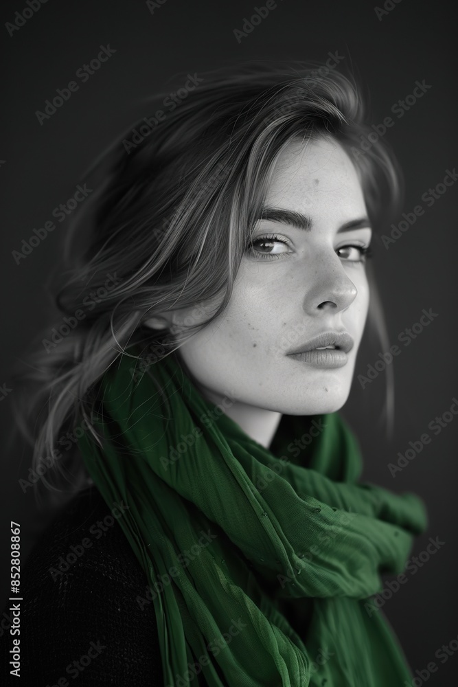 Monochrome portrait of a woman with a green scarf. Monochrome portrait of a woman with a green scarf.