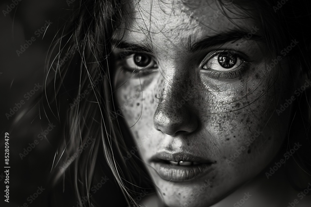 Black and white close-up of a young girl with freckles. Black and white close-up of a young girl with freckles.