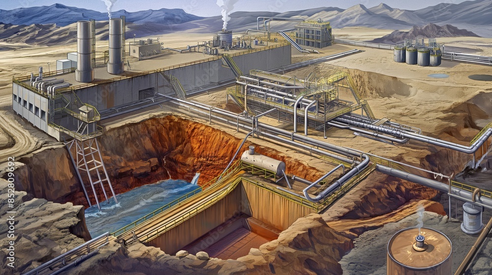 Fototapeta premium Illustration of a sprawling industrial complex in a desert landscape with various pipes, tanks, smokestacks, and a deep excavation site.