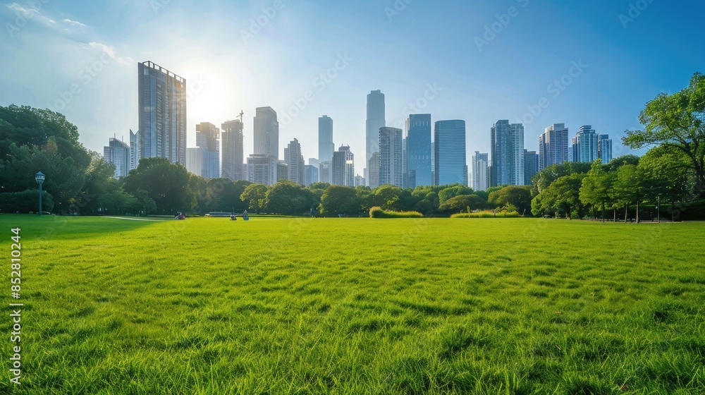 Green lawn with city skyline. Green Space, park in city center Green lawn with city skyline. Green Space, park in city center