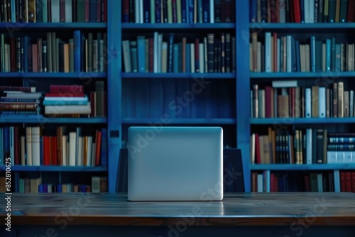 Wallpaper Mural Library desk with books and laptop representing education technology and e learning Torontodigital.ca