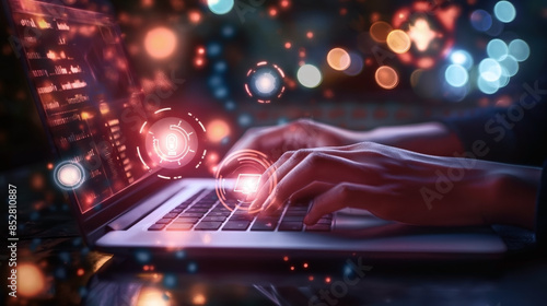 Hands typing on a laptop keyboard with holographic icons and glowing bokeh effects, representing cybersecurity and technology.