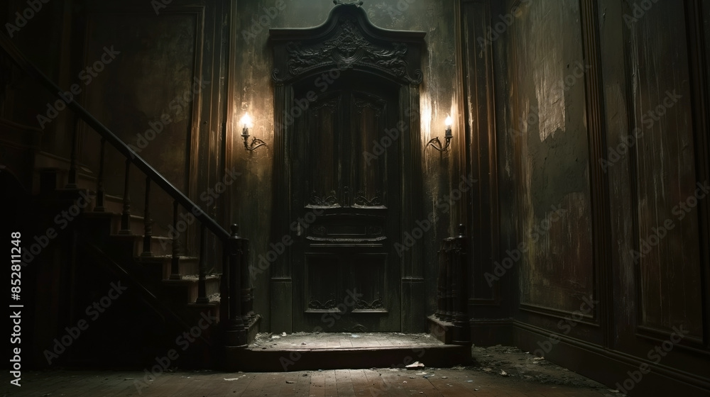 Dimly lit, old wooden staircase leading to an ornate, dark door in a decrepit, abandoned hallway with peeling wallpaper. Dimly lit, old wooden staircase leading to an ornate, dark door in a decrepit, abandoned hallway with peeling wallpaper.