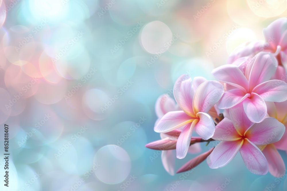 A beautiful copy space image featuring frangipani flowers blooming with a softly blurred background A beautiful copy space image featuring frangipani flowers blooming with a softly blurred background