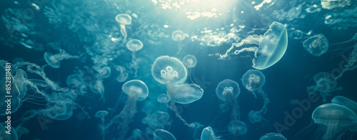 A a lot of jellyfish underwater, real photo, underwater photography, cinematic shot, beautiful light, hyper realistic