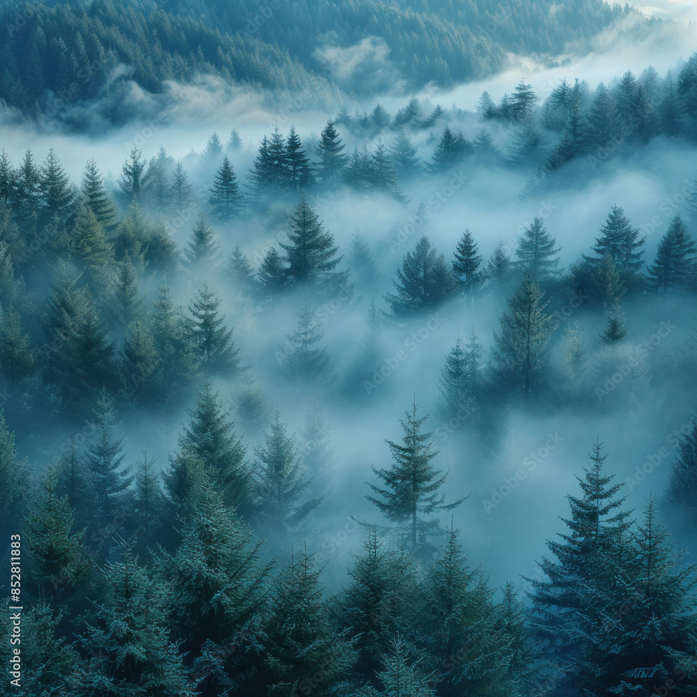 Fototapeta premium Amazing mesmerizing long exposure captures swirling fog weaving through fir trees, natural beauty.