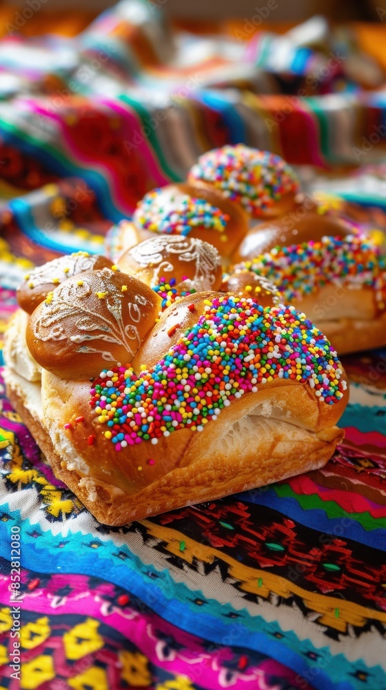 A colorful pastry with sprinkles on top sits on a tablecloth. The tablecloth is colorful and patterned, adding to the festive atmosphere A colorful pastry with sprinkles on top sits on a tablecloth. The tablecloth is colorful and patterned, adding to the festive atmosphere