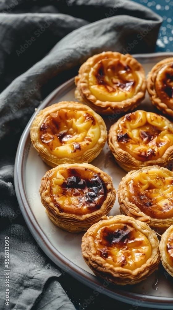 A plate of pastries with a light brown glaze. The pastries are arranged in a neat row on a white plate A plate of pastries with a light brown glaze. The pastries are arranged in a neat row on a white plate