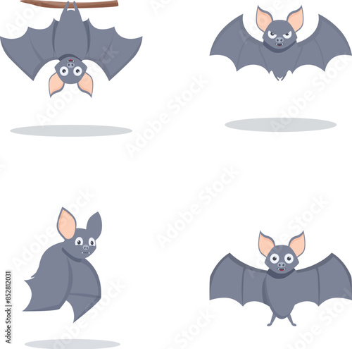 Set of four cute cartoon bats in different poses isolated on a white background