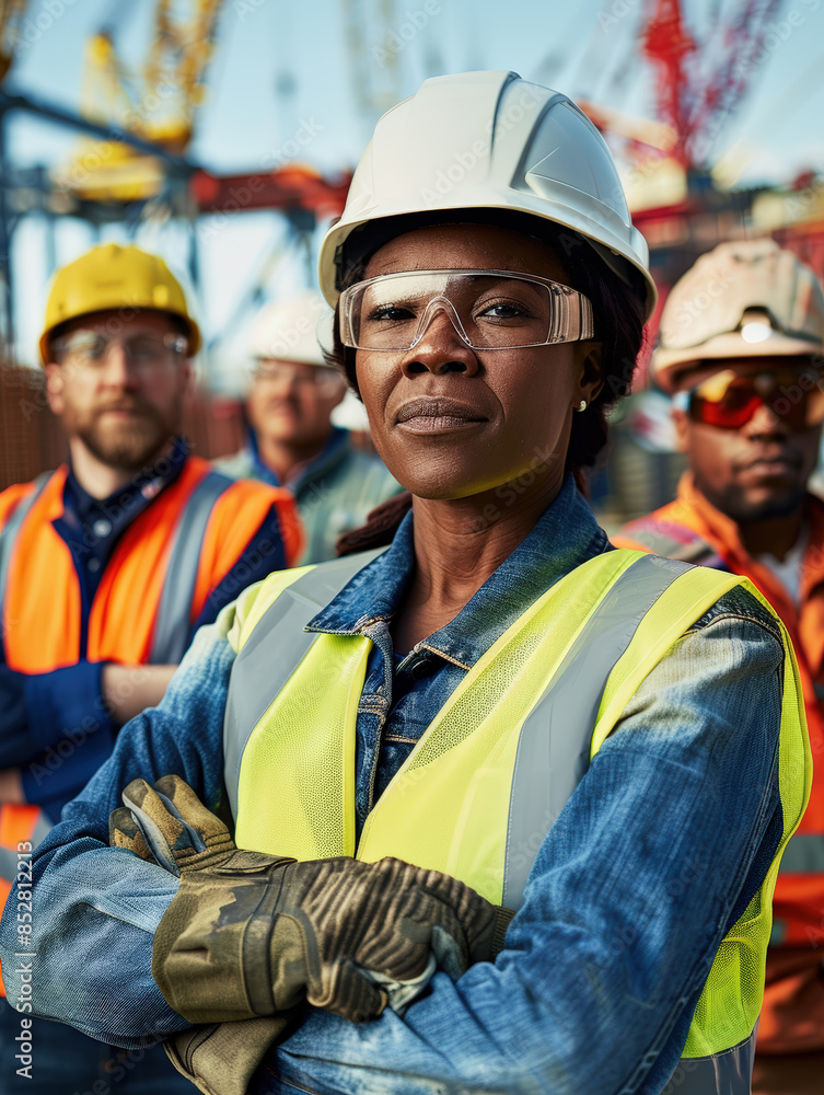 Obraz premium Confident Construction Workers at Dusk