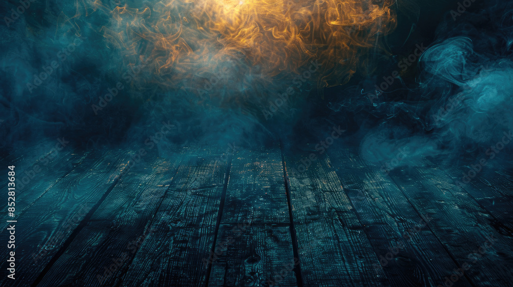 Mystical wooden table with a dark blue fog Mystical wooden table with a dark blue fog