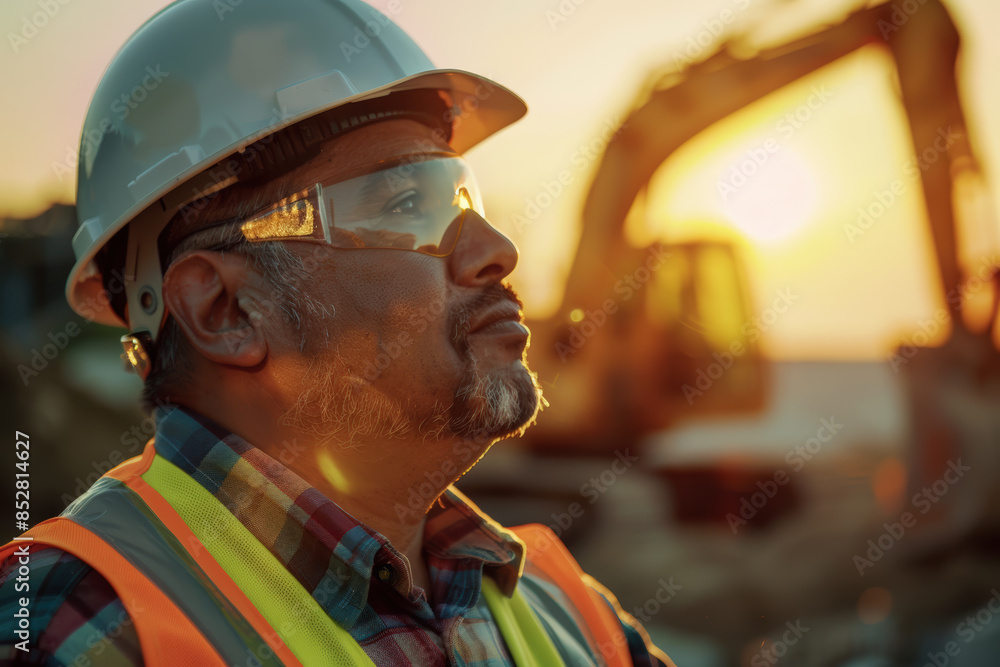 Worker at Construction Site at Sunset Worker at Construction Site at Sunset