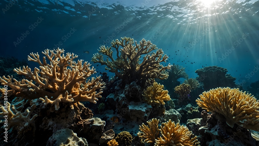 Fototapeta premium The dance of light and shadows on a coral reef in an underwater scene ai_generated