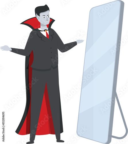 Vampire is checking his reflection in a mirror before going to a halloween party