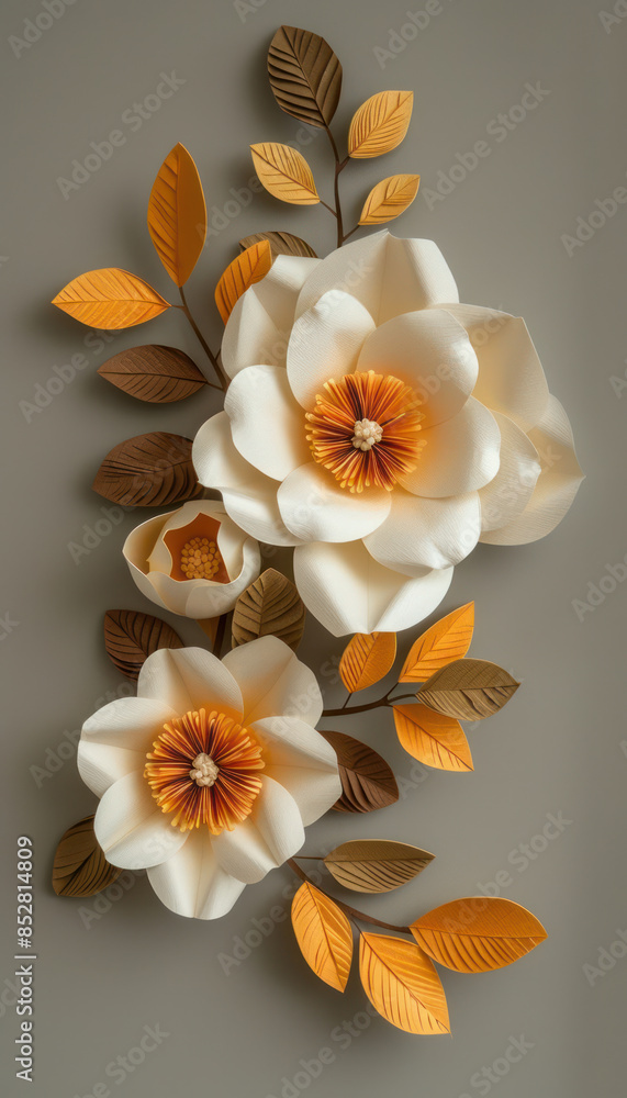 Delicate Paper Flower Art with White and Orange Blossoms on Neutral Background, Elegant Handmade Floral Wall Decor Craft, Perfect Gift Idea for Home Decoration, Minimalist Paper Artwork Delicate Paper Flower Art with White and Orange Blossoms on Neutral Background, Elegant Handmade Floral Wall Decor Craft, Perfect Gift Idea for Home Decoration, Minimalist Paper Artwork