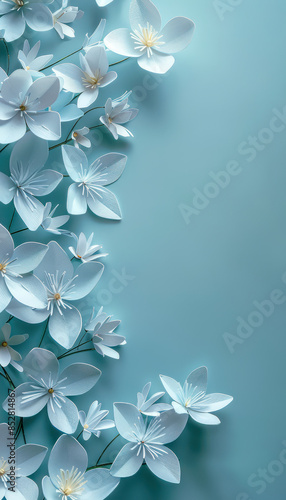 Delicate White Paper Flowers on Light Blue Background Serene and Minimalistic Floral Art for Home Decor, Invitations, and Digital Designs A Captivating Blend of Elegance and Simplicity photo