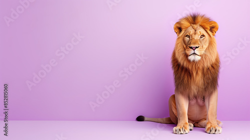 A cute lion sitting on a solid pastel purple background with space above for text, Generative AI