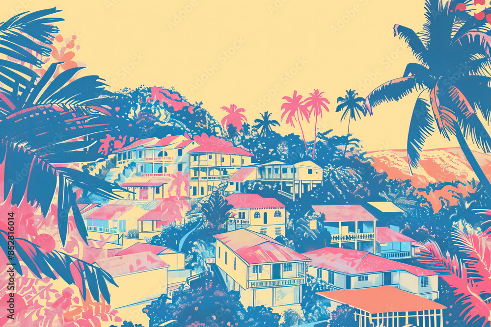 Obraz premium Risograph print travel poster illustration of San Ignacio, Belize, modern, isolated, clear, simple. Artistic, stylistic, screen printing, stencil, stencilled, graphic design. Banner, wallpaper