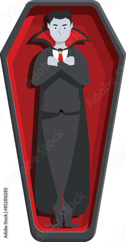 Vampire count dracula character standing in a coffin crossing his arms in a halloween illustration