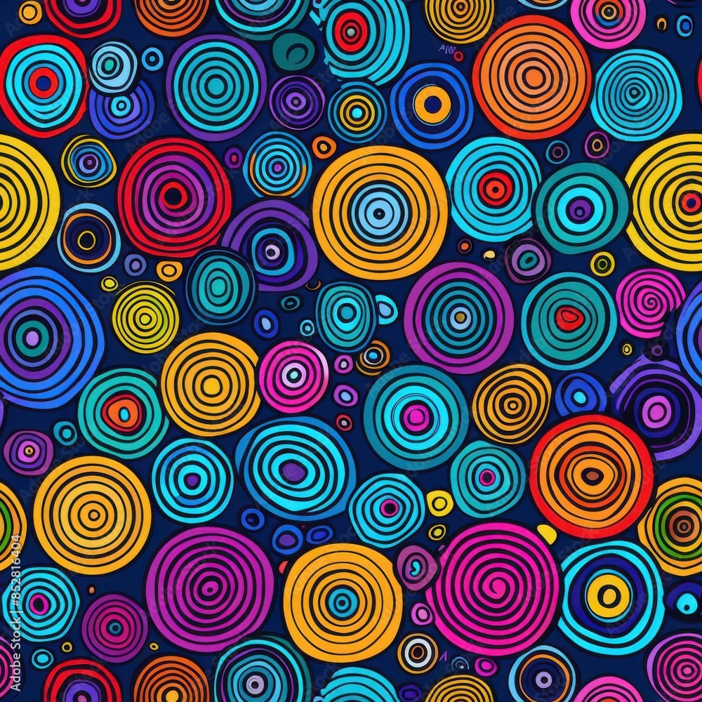 This image features a colorful pattern of concentric circles on a dark blue background. The circles are of various sizes and colors, including red, orange, yellow, green, blue, purple, and pink. The c This image features a colorful pattern of concentric circles on a dark blue background. The circles are of various sizes and colors, including red, orange, yellow, green, blue, purple, and pink. The c