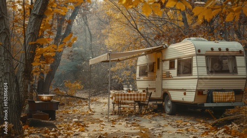 A small white camper with a checkered table and chairs is parked in a forest. The table is set with wine glasses and a bowl, and there is a fire pit nearby. The scene is peaceful and serene