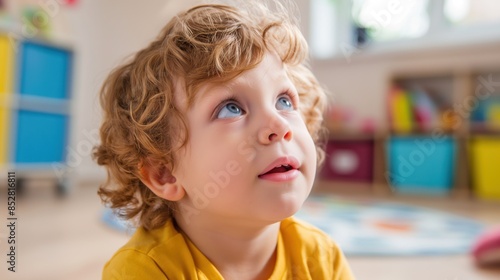 A young child with curly hair and blue eyes looks upwards while sitting in a bright room with colorful storage bins.