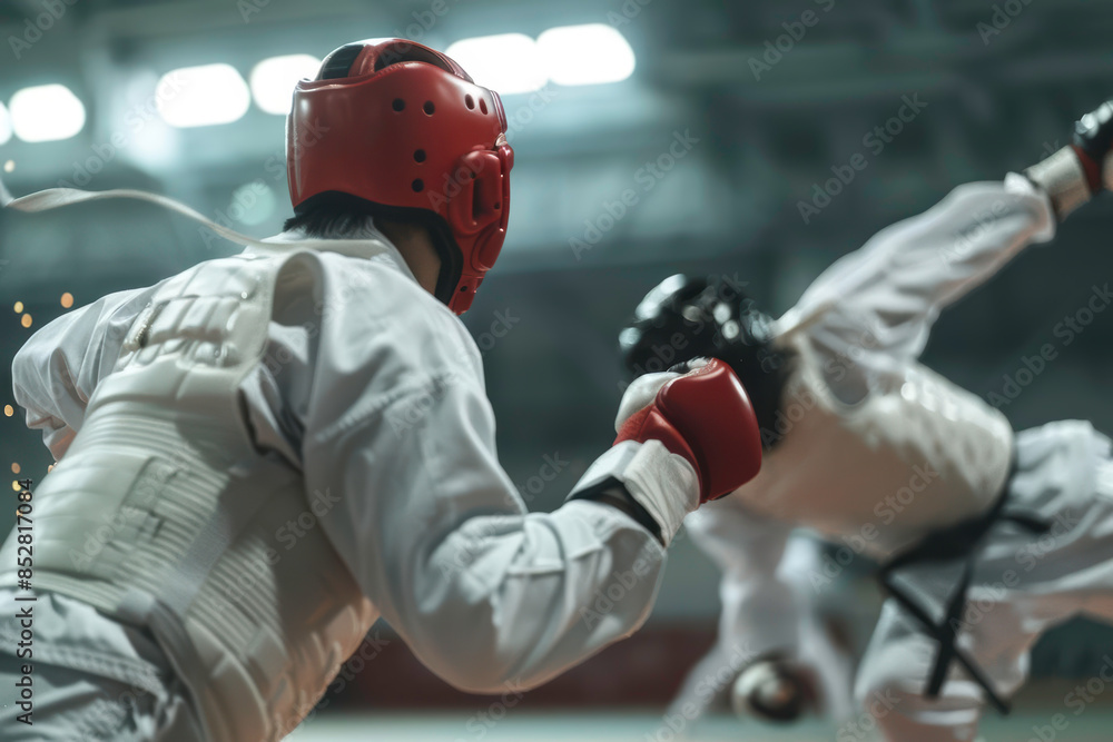 Taekwondo practitioners sparring, seen from behind one of the athletes, highlighting the kicks and defensive moves Taekwondo practitioners sparring, seen from behind one of the athletes, highlighting the kicks and defensive moves