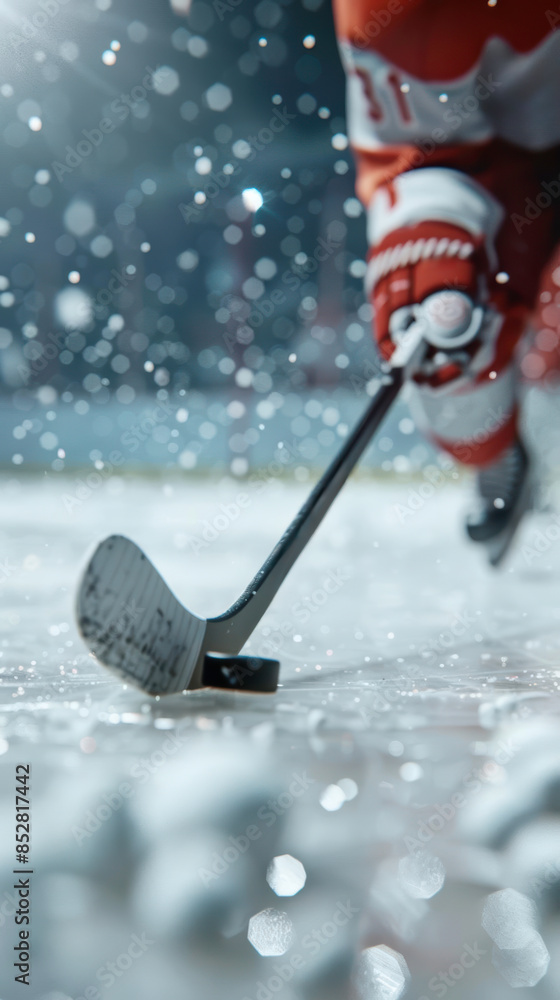 Ice hockey player skating, focus on form and puck, with rink backdrop, photorealistic, dynamic, ice rink Ice hockey player skating, focus on form and puck, with rink backdrop, photorealistic, dynamic, ice rink