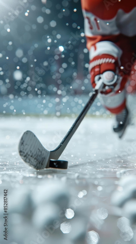 Ice hockey player skating, focus on form and puck, with rink backdrop, photorealistic, dynamic, ice rink