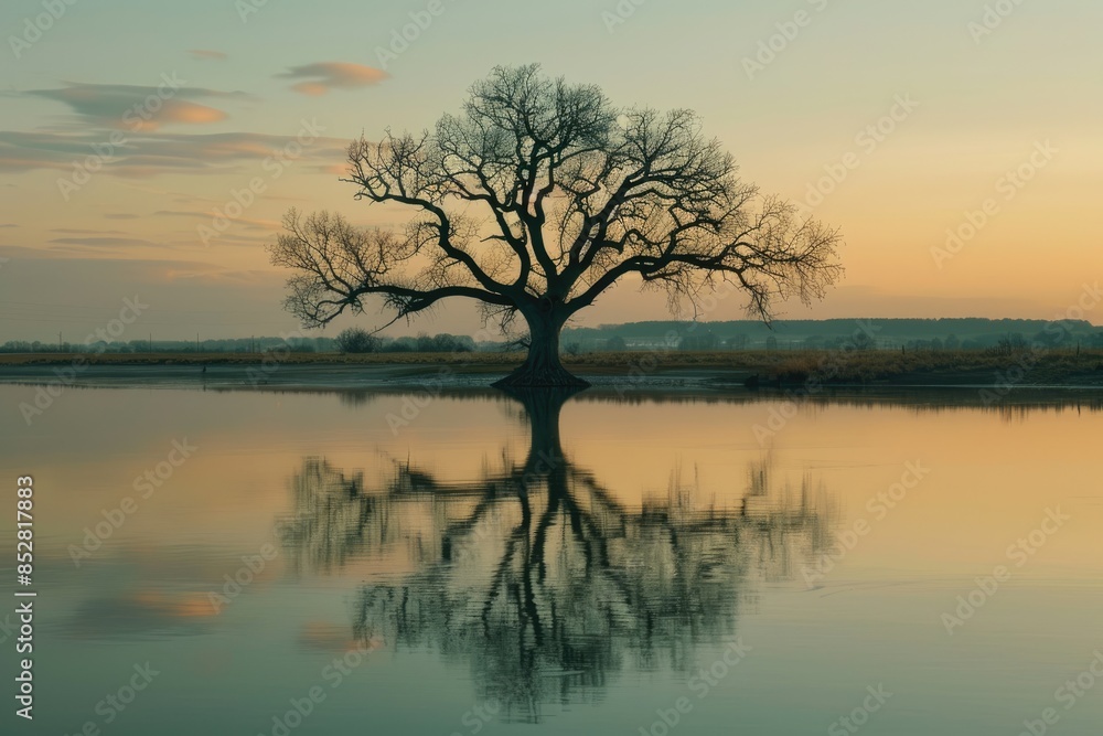 Picturesque view of leafless lonely tree growing and reflecting in calm lake at sundown time. Picturesque view of leafless lonely tree growing and reflecting in calm lake at sundown time.