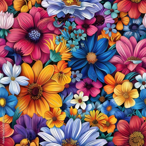 This image features a vibrant and colorful bouquet of wildflowers. The flowers are arranged in a dense cluster, showcasing a variety of colors and shapes. There are bright pinks, reds, oranges, yellow © vadosloginov