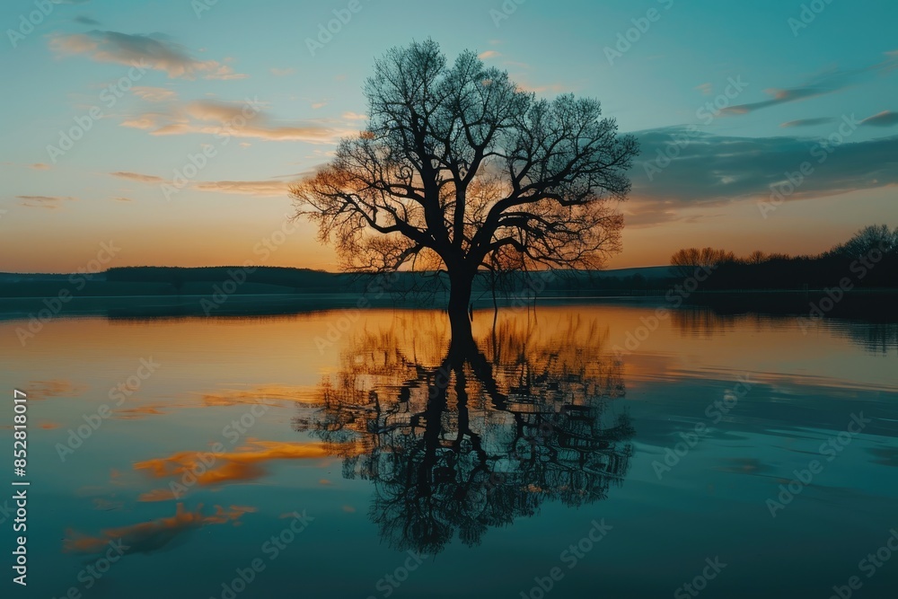 Picturesque view of leafless lonely tree growing and reflecting in calm lake at sundown time. Picturesque view of leafless lonely tree growing and reflecting in calm lake at sundown time.