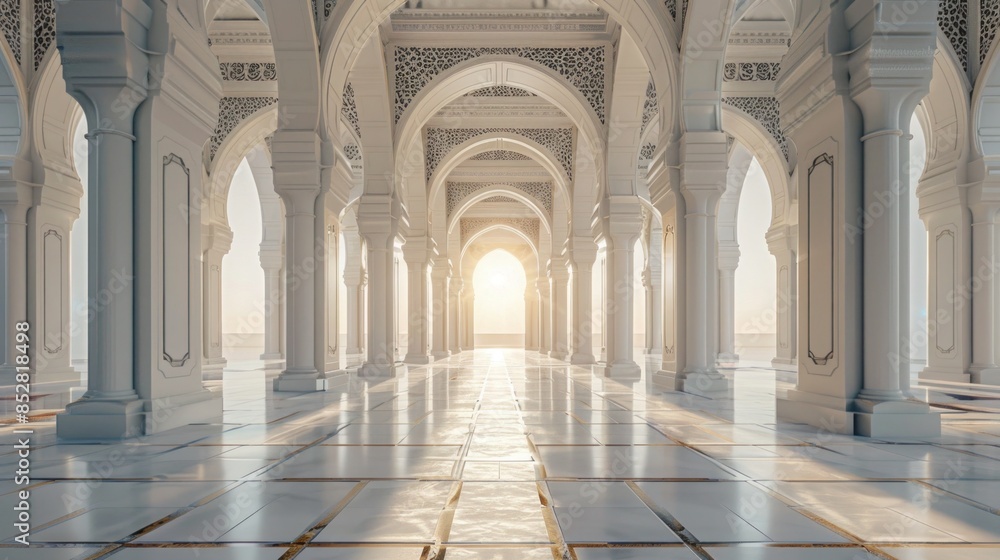 Fototapeta premium Sunlit Hallway with Arched Entrance