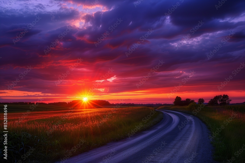 A serene countryside road bathed in the golden light of a setting sun, with the sky ablaze in rich shades of red, purple, and orange, and the road reflecting the beautiful colors of the sunset. A serene countryside road bathed in the golden light of a setting sun, with the sky ablaze in rich shades of red, purple, and orange, and the road reflecting the beautiful colors of the sunset.